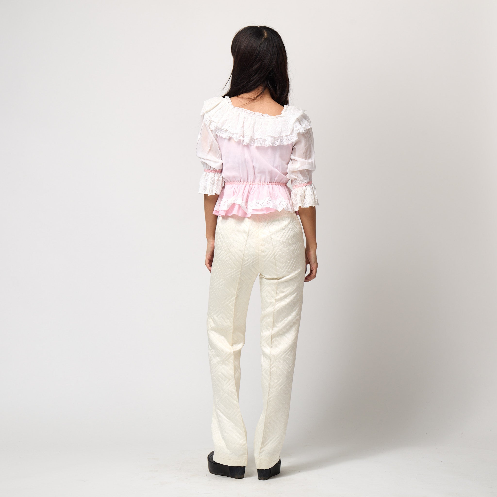 Martin Ruffle 1970s Marisa Martin Pink and White Lace Ruffle Blouse – CIRCA VINTAGE
