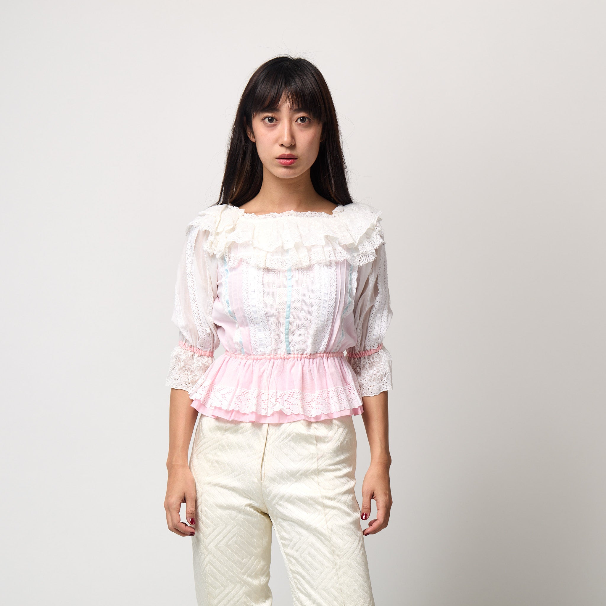 Martin Ruffle 1970s Marisa Martin Pink and White Lace Ruffle Blouse – CIRCA VINTAGE