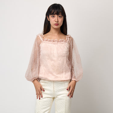 ARCHIVE - 1999 Valentino Runway Documented Beaded Pink Tulle Ruffle Neck Top