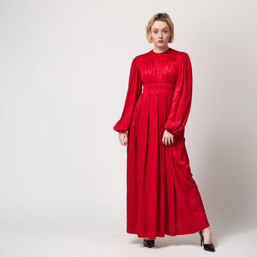 1970s Jean Muir Red Moire Jersey Long-Sleeved Maxi Dress