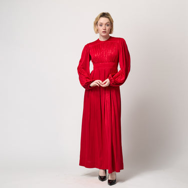 1970s Jean Muir Red Moire Jersey Long-Sleeved Maxi Dress