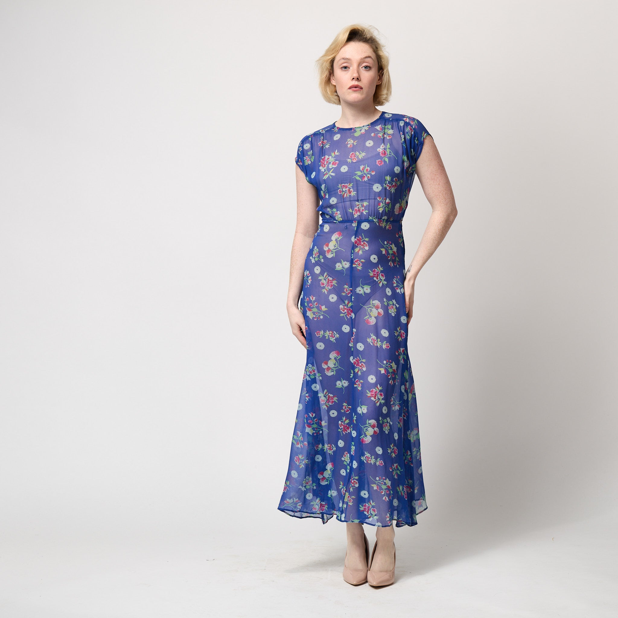 1930s Cerulean Blue Floral Chiffon Tea Dress – CIRCA VINTAGE