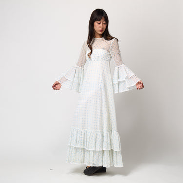 1970s Jean Varon Blue and White Lace Ruffle Maxi-Dress