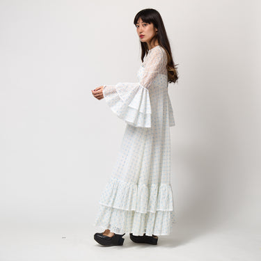 1970s Jean Varon Blue and White Lace Ruffle Maxi-Dress