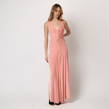1930s Peach Pink Patterned Velvet Gown with Rhinestone Belt Buckle