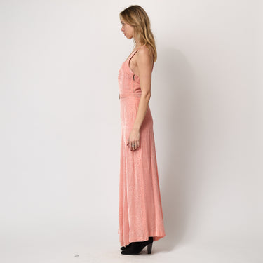 1930s Peach Pink Patterned Velvet Gown with Rhinestone Belt Buckle