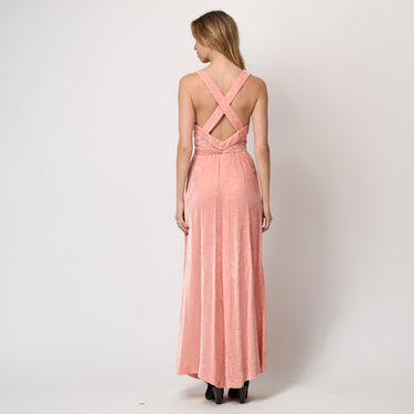 1930s Peach Pink Patterned Velvet Gown with Rhinestone Belt Buckle