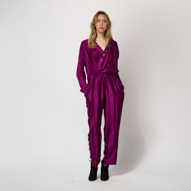 1990s Genny Purple Satin Jumpsuit with Silver Embroidery