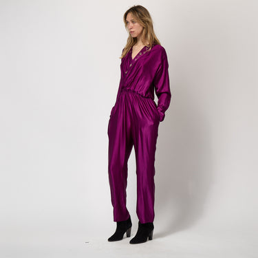 1990s Genny Purple Satin Jumpsuit with Silver Embroidery