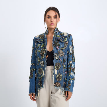 2010s Siah Howard Couture Elongated Denim Jacket Beadwork