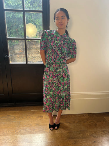 ARCHIVE - 1940s Pink and Green Rayon Floral Tea Dress