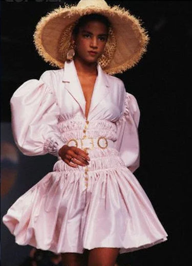 ARCHIVE - 1988 Runway Chanel Cream Silk Pleated Dress with Belt