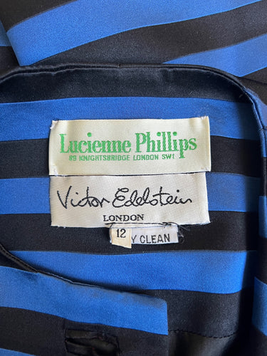 1980s Victor Edelstein Black and Blue Silk Striped Dress Coat