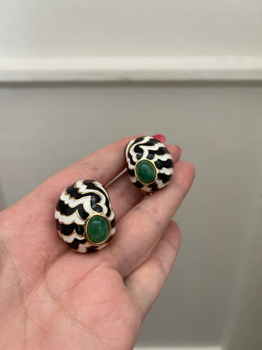ARCHIVE - 1990s Ciner Black and White Clip On Earrings with Faux Jade Gemstones