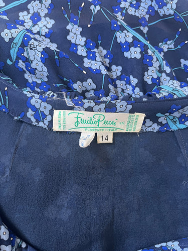 1970s Pucci Blue Floral Silk Blouse with Ruffle Neckline