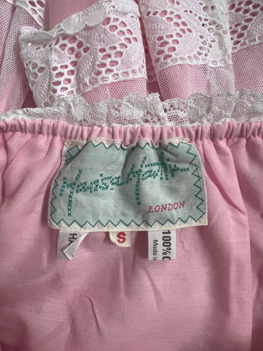 1970s Marisa Martin Pink and White Lace Ruffle Blouse