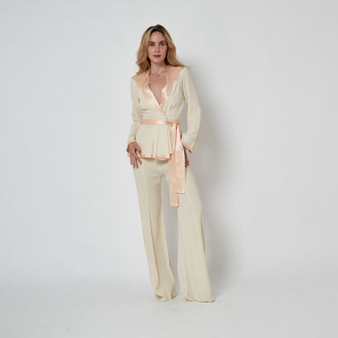 1970s Documented Ossie Clark Cream Crepe and Pink Satin Trouser Suit