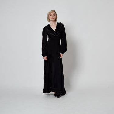 1970s Jean Muir Black Jersey Maxi Dress with Ribbon Work