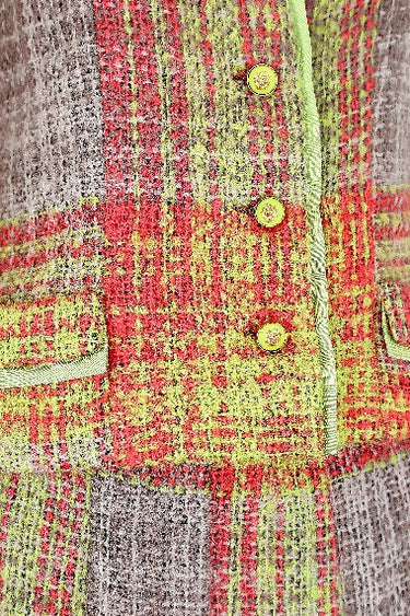 ARCHIVE - 1960s Solone Couture Green and Red Boucle Wool Skirt Suit