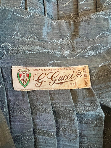 1970s to 1980s Gucci Teal Silk Jacquard Pleated Blouse