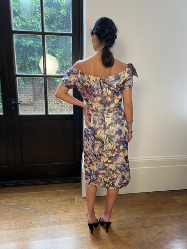 1960s Ceil Chapman Purple and Lilac Floral Silk Dress