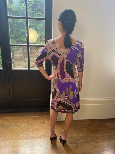 1970s Leonard Purple Printed Silk Jersey Dress
