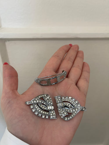 1930s Silver and Crystal Duet Pin Brooch