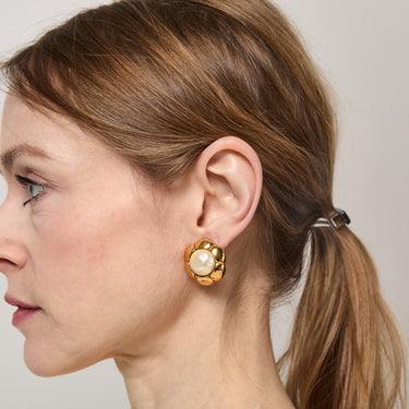 1980s Chanel Gold and Pearl Floral Camelia Earrings