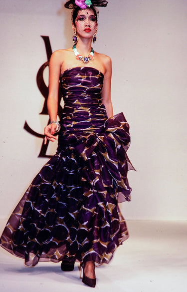 ARCHIVE - 1984 Runway Yves Saint Laurent Purple and Green Printed Chiffon Dress