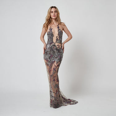 2014 Julien MacDonald Runway Purple and Silver Sequin and Beaded Dress