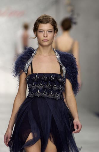 ARCHIVE - 2003 Blumarine Runway Documented Blue Tulle Sequin and Feather Top