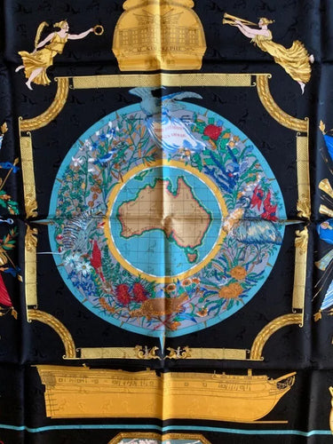 ARCHIVE - 1992 Hermès Black “Geographe” by Sandra Laroche Silk Jacquard Scarf