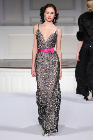 2011 Oscar De La Renta Runway Sequinned Maxi Gown with Pink Ribbon Belt