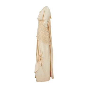 1900s Cream Silk and Tulle Wedding Dress with Lace Peplum