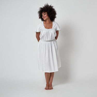 1950s White Cotton Smocked Dress with Tie Back