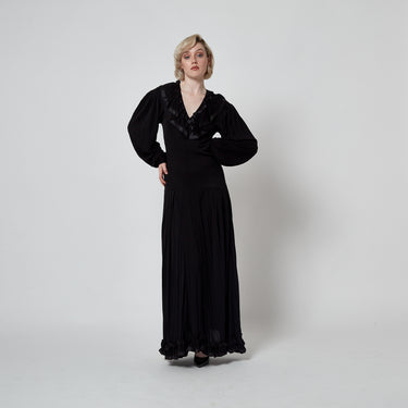 1970s Jean Muir Black Jersey Maxi Dress with Ribbon Work