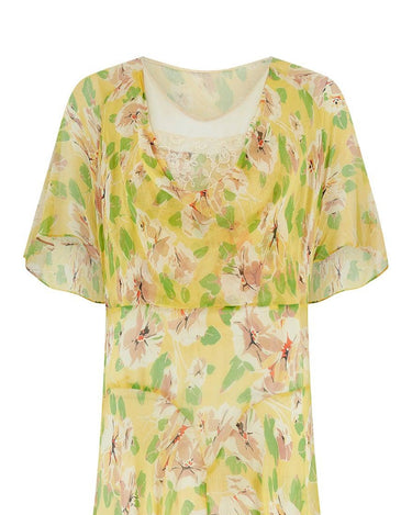Original 1920s Yellow Green Pink Floral Silk Chiffon Tea Dress