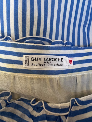 1980s Guy Laroche Blue and White Striped Silk Chiffon Dress