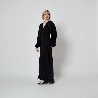 1970s Jean Muir Black Jersey Maxi Dress with Ribbon Work