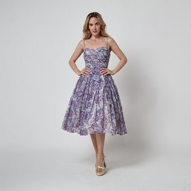 ARCHIVE - 1950s Purple and Turquoise Floral Organza Ruched Dress