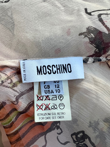 2004 Moschino Runway Documented Pink Silk Chiffon Novelty Print Dress