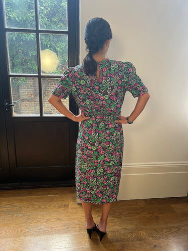 ARCHIVE - 1940s Pink and Green Rayon Floral Tea Dress