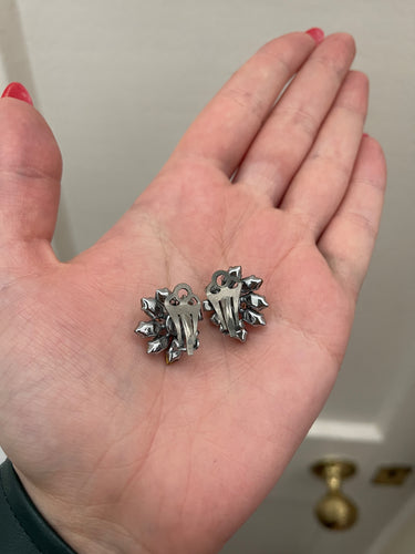 1950s Prong Set Rhinestone Floral Clip On Earrings