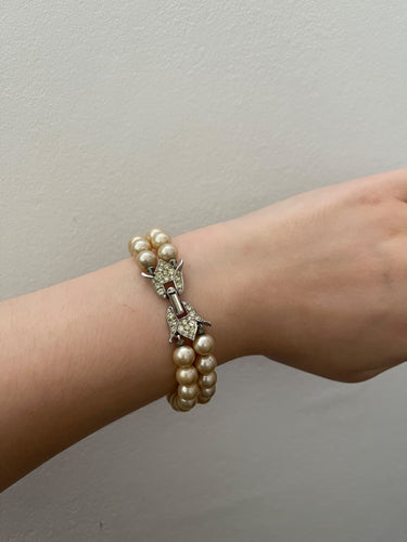 1950s Trifari Double Strand Pearl Bracelet with Diamante Clasp