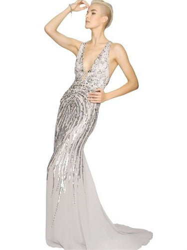 ARCHIVE - 2000s Roberto Cavalli Grey Beaded Sequinned Maxi Gown