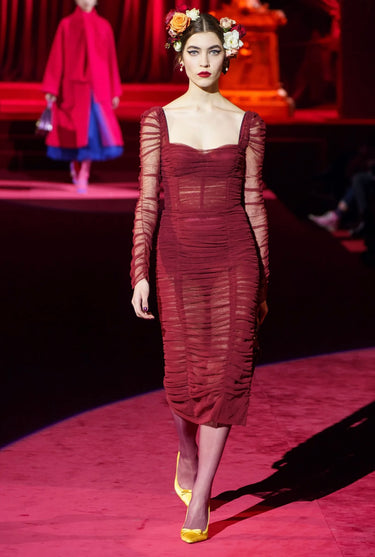 2019 Dolce & Gabbana Runway Documented Red Tulle Corset Midi Dress