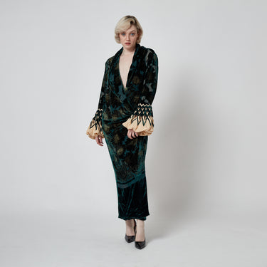 ARCHIVE - 2006 Roberto Cavalli Runway Green Silk Embossed Velvet Coat Dress