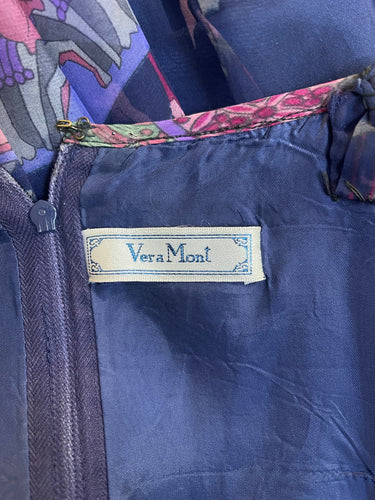 1970s Vera Mont Navy Organza Art Nouveau Print Maxi Dress
