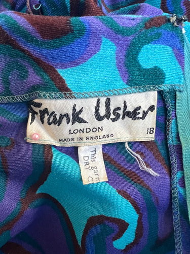 1960s Frank Usher Turquoise and Purple Paisley Velvet Dress