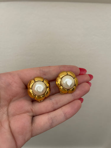 1980s Chanel Gold and Pearl Floral Camelia Earrings